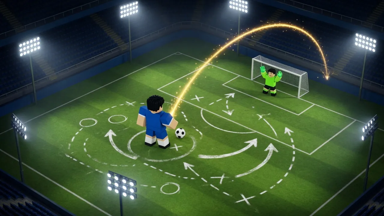 Original illustration of a block footballer drawing a curved shot on a tactical pitch